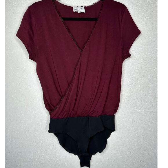 Sezane Burgundy & Black Thibault Bodysuit Crossover Neckline Short Sleeve - Picture 2 of 13